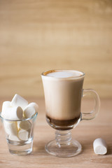 cocoa latte marshmallow Glassware breakfast morning light wooden background