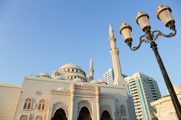 Mosque at sunrise in Sharjah, United Arab Emirates