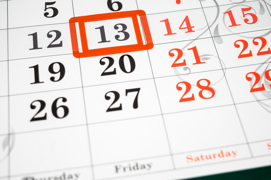 Calendar showing friday the 13th