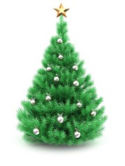 3d illustration of Christmas tree over white background with star and chrome balls