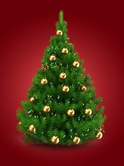 3d illustration of green Christmas tree over red background with lights and golden balls
