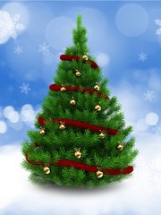 3d illustration of green Christmas tree over snow background with red tinsel and golden balls