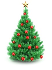 3d illustration of Christmas tree over white background with star and red balls