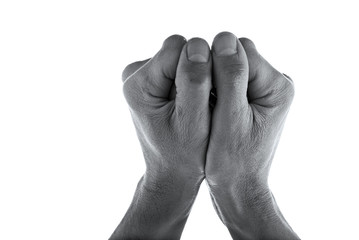 Black and white image of a hand gesture on white background