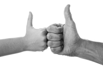 Black and white image of a hand gesture on white background