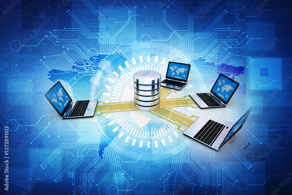 Poster 3d rendering database storage data base in laptop