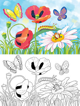 Cute flowers and insects. Coloring page. Greeting card