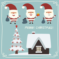 Set Christmas Santa Claus in different poses with house and tree. Collection isolated Santa Claus in cartoon style.