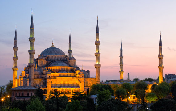 Sultan Ahmed Mosque (Blue Mosque) in Istanbul early in the morning on a sunset in evening illumination