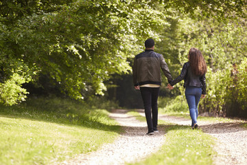 Fototapeta premium Couple holding hands and walking in rural setting, back view