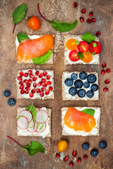 Bruschetta crostini appetizers mix set with various toppings. Variety of small sandwiches with salmon, tomatoes, ricotta, blueberries and pomegranate seeds on crisp rye bread