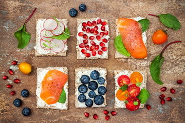 Bruschetta crostini appetizers mix set with various toppings. Variety of small sandwiches with salmon, tomatoes, ricotta, blueberries and pomegranate seeds on crisp rye bread