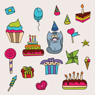 Birthday design set. Cartoon free hand draw doodle vector illustration.
