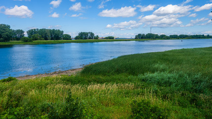 River with grasslands in the foreground and trees in the backgro