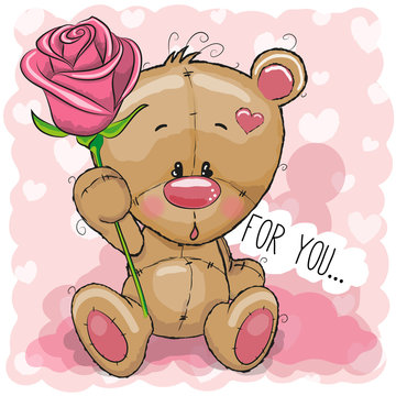 Cartoon Bear with flower on a pink background
