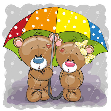 Two cute cartoon bears with umbrella