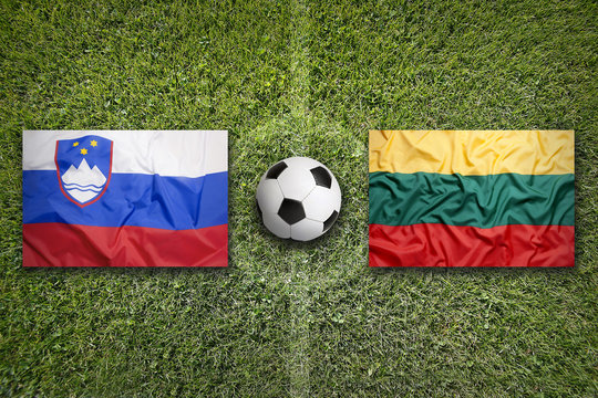 Slovenia vs. Lithuania flags on soccer field
