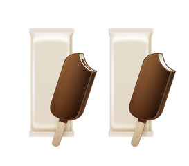 Set of Bitten Popsicle Choc-ice Lollipop Ice Cream in Chocolate Glaze on Stick with Filling with White Plastic Foil