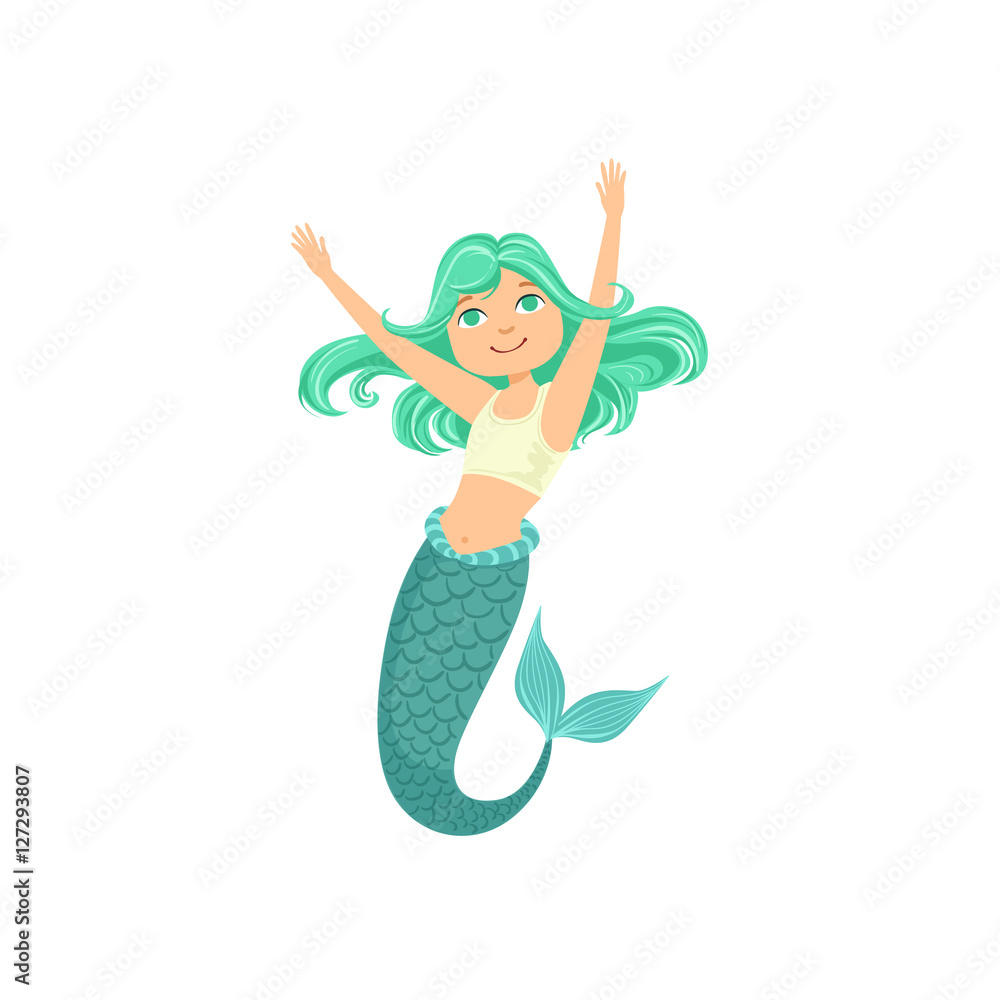 Sticker Turquoise Hair Mermaid In White Sportive Swimsuit Top Bra Fairy-Tale Fantastic Creature Illustration