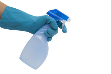 Woman hand with cleaning equipment on white background