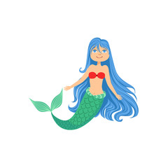 Blue Hair Mermaid In Red Swimsuit Top Bra Fairy-Tale Fantastic Creature Illustration