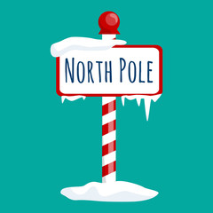 christmas icon north pole sign with snow and ice, winter holiday xmas symbol, cartoon banner - obrazy, fototapety, plakaty