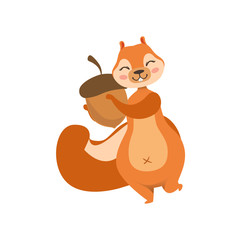 Red Squirrel Holding An Acorn Humanized Cartoon Cute Forest Animal Character Childish Illustration