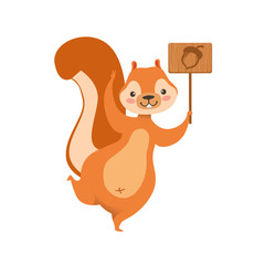 Red Squirrel Holding Wooden Sign With Acorn Drawing Humanized Cartoon Cute Forest Animal Character Childish Illustration
