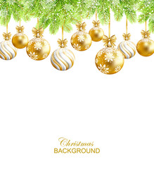 Fototapeta na wymiar Christmas background with gold, white and striped balls, snowflakes and fir-tree. Vector illustration.