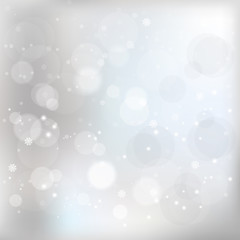 Silver bokeh lights background with snowflakes. Vector illustration.