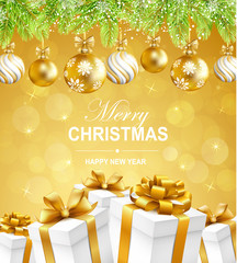 Fototapeta na wymiar Merry Christmas and Happy New Year greeting illustration with snow, Christmas balls, gift boxes and fir-tree. Vector illustration.