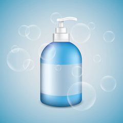Gel, Foam, Shampoo Or Liquid Soap Dispenser Pump Plastic Bottle Blue. Bubbles. Vector illustration on the blue background.
