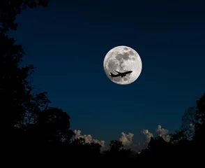 Velours gordijnen Volle maan en bomen volle maan en silhouetvliegtuig.
