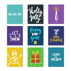 Big collection of bright Christmas or New Year card templates with drawings and brush lettering made in vector.