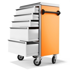 mobile tool cabinet with open drawers