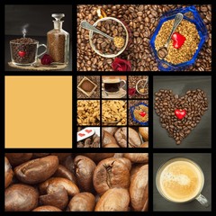 We love coffee. Coffee Collage. Advertising for the sale of coffee. Detailed views of different types of coffee. Decorate store coffee.
