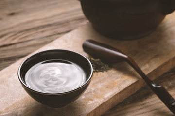 Chinese bowl with tea on the wooden table horizontal