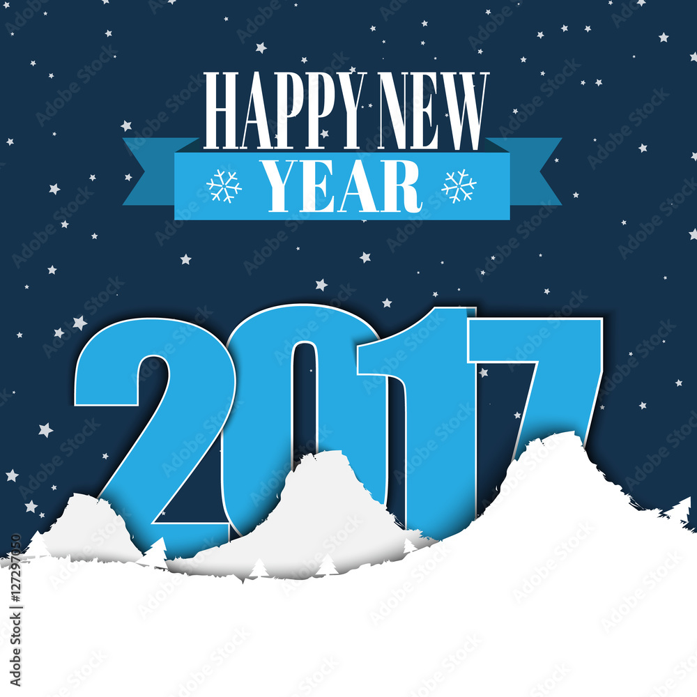Fototapete design banner happy new year with a ribbon. template winter snowy mountains, and the text between th