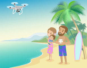 Family woman man mother father and kid child son on seashore with palm vacation launch drone quadrocopter to take photo of video from holidays vector