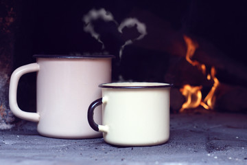 secluded romantic love tryst/ two iron circles retro heated by on the old fireplace 