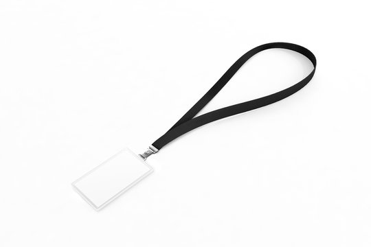 Blank black name bagde lace mockup, clipping path, 3d rendering. Plain empty namebadge mock up with cotton band isolated. Dark cord ribbon and transparent plastic paper holder. Neckband template.