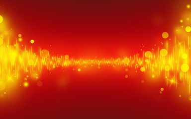 Red glitter sparkles gold glowing wave sound rays bokeh abstract background/texture.