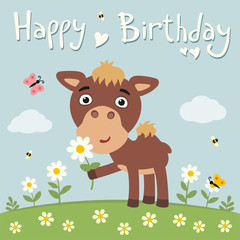 Happy birthday! Cute camel with flower on meadow. Birthday card.