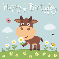 Obraz na płótnie Canvas Happy birthday! Cute cow with flower on meadow. Birthday card.