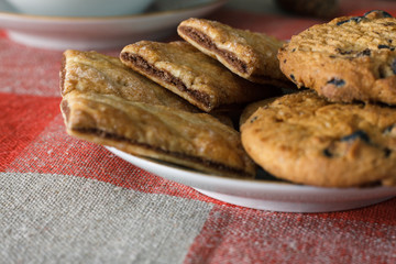 Homemade cookies in a plate on the feast of the new year, christmas. Tasty cookies on a table with a Christmas tree in the background.
