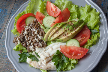 Healthy green salad with boiled cod fish, lentils, tahini, parsley, tomatoes, cucumbers, avocados, flax seeds on a large gray plate. Love for a healthy raw food concept