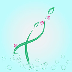 Green leaves are floating near the watermark. On a white background
