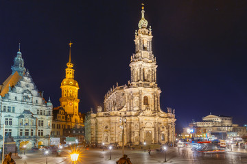 Fototapeta na wymiar Dresden Cathedral of the Holy Trinity or Hofkirche, Dresden Castle or Royal Palace and Semperoper at night in Dresden, Saxony, Germany