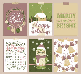 Vector collection of Christmas poster templates. Christmas set of greeting cards. Bright colors, cute owl and hand written lettering for your invitation and design.
