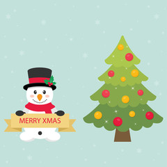 cute snowman with a sign and fir tree